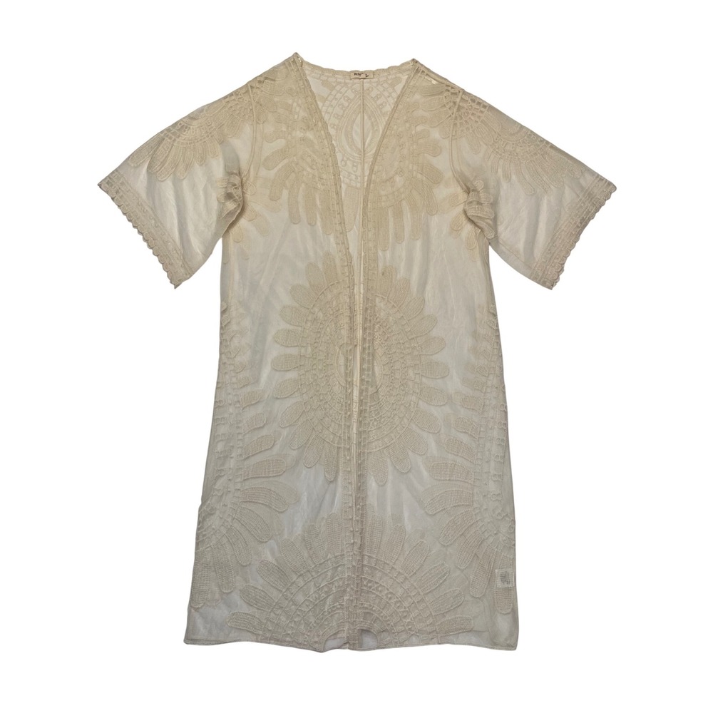 Rebellion Ivory Cotton Lace Embroidered Mesh Boho Duster Kimono Cover Up M/L